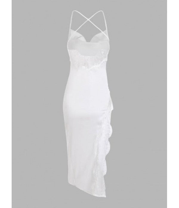 Lace Insert Cowl Front Criss Cross Asymmetric Dress