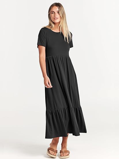 Womens 2025 Summer Casual Maxi Dress A line Tiered Flowy Short Sleeve Crewneck T Shirt Beach Travel Long Dresses